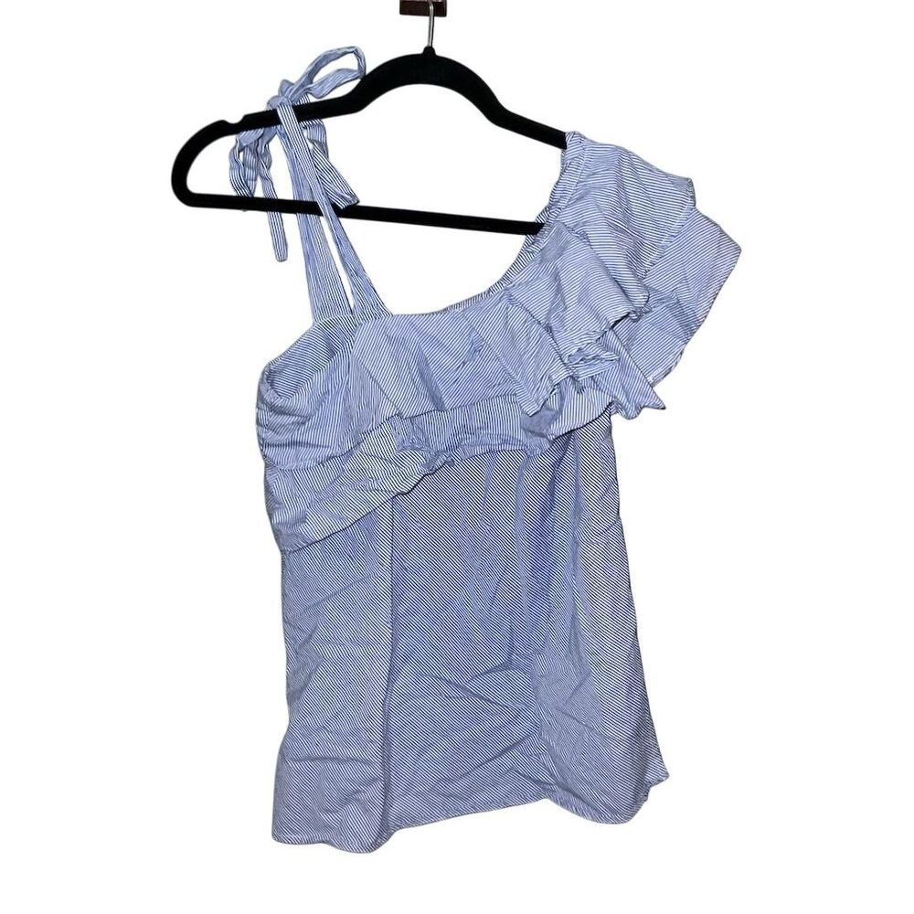 Cremieux‎ Women's M Blue Striped One-Shoulder Ruffle Blouse Casual